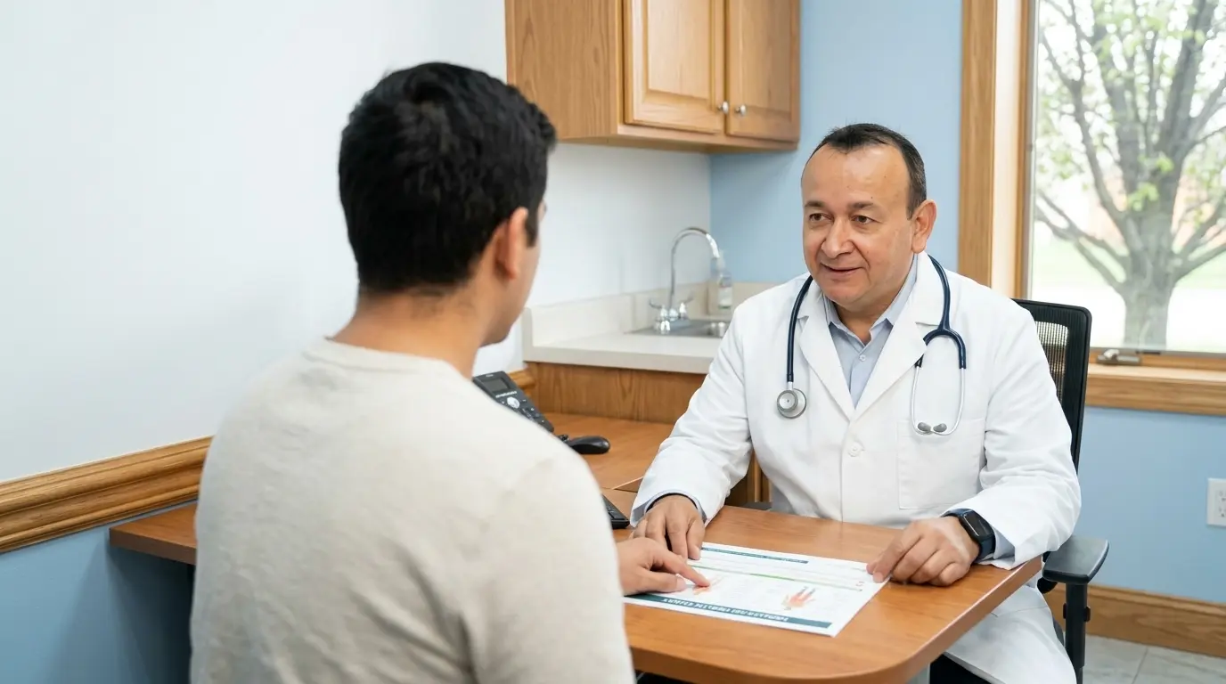 Dr. Jorge Monroy reviewing a chronic disease management plan with a patient at AMG Medical Group in Ocoee, FL